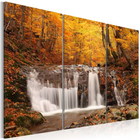 Canvas Tavla - A waterfall in the middle of fall trees - 90x60