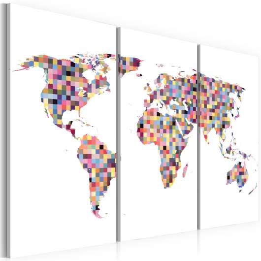 Canvas Tavla - Karta över Världen - pixels - Triptych - 120x80
