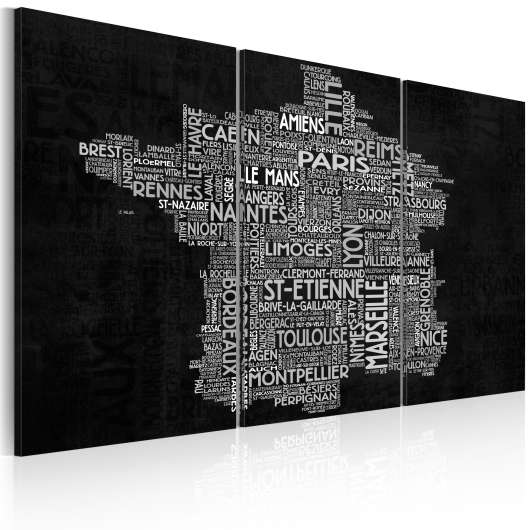 Canvas Tavla - Text map of France on the black background - triptych - 120x80