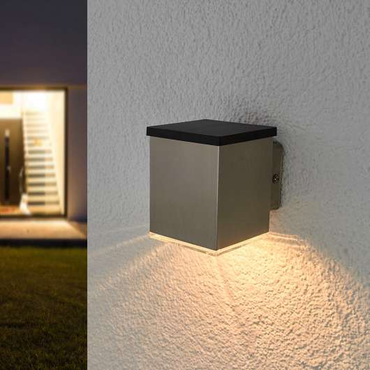 LED-utomhusvägglampa Tyson, solcell, kantig, klar